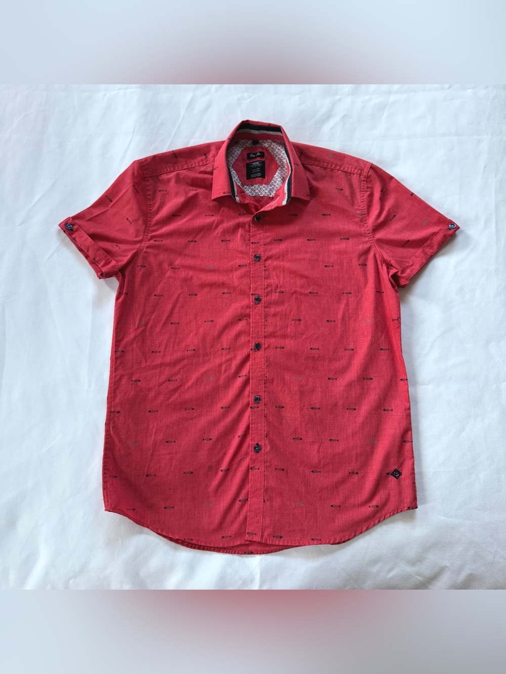 Red Fish Print Short Sleeve Button Up